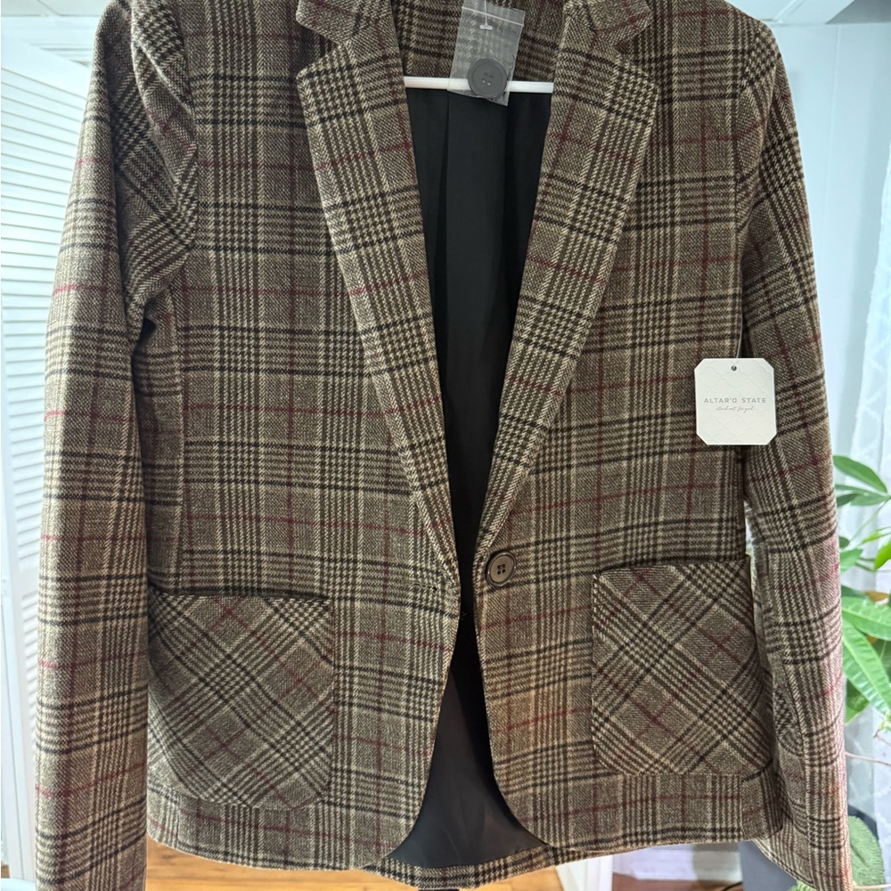 Altar'd State Brown Blazer with Plaid Pattern and Notched Lapel